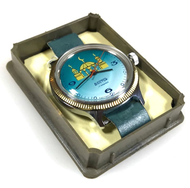 Top Zustand! Seltene Sammleruhr Armbanduhr VOSTOK Moschee aus dem Jahr 1992 von VOSTOK, ø37mm, mit Uhrenpass und originaler Box 2409 / 171556