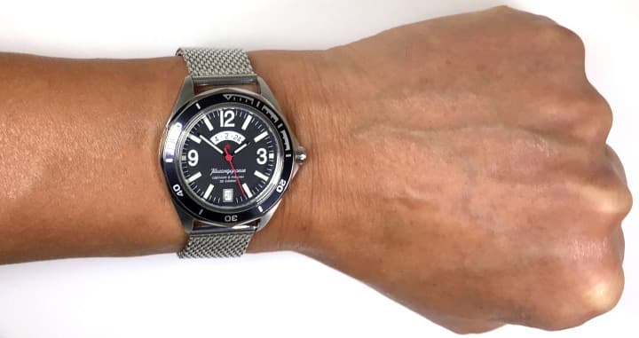 Russian automatic watch VOSTOK KOMANDIRSKIE K-46 with additional 24h rtime indication, mesh-band (milanaise) by VOSTOK, stainless steel, brushed, ø41mm - 4