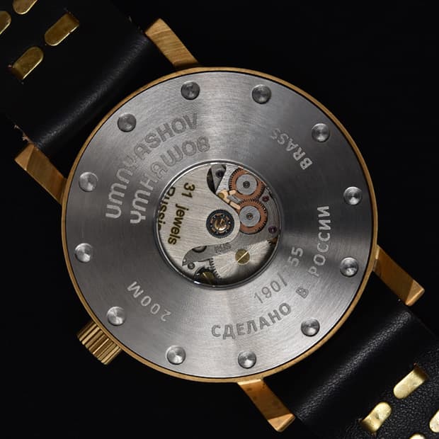 TRANSSIB Russian Automatic watch by UMNYASHOV, brass, glass bottom, brushed, ø50mm - 4