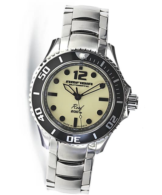 Automatik Taucheruhr &quot;AMFIBIA REEF&quot; von Vostok, Lumineszenz-Zifferblatt, 200m wasserdicht, Edelstahl, poliert, ø42mm 2415.01/080494
